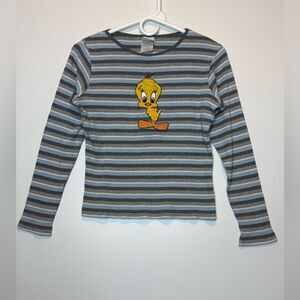 Vintage Y2K Looney Tunes Grey / Blue/ white Striped Tweety Top